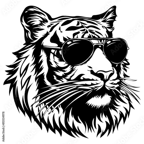 cool Tiger wearing sunglass black silhouette logo svg vector, Tiger icon illustration