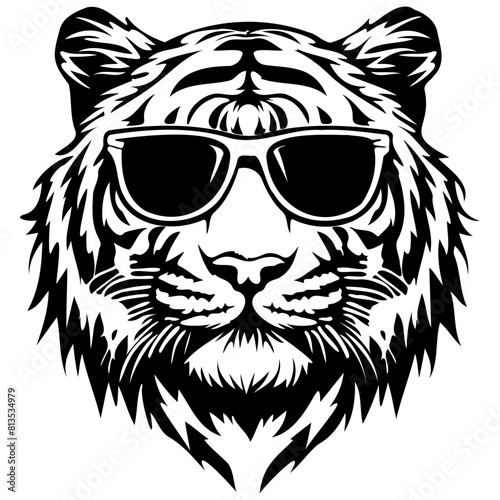 cool Tiger wearing sunglass black silhouette logo svg vector, Tiger icon illustration
