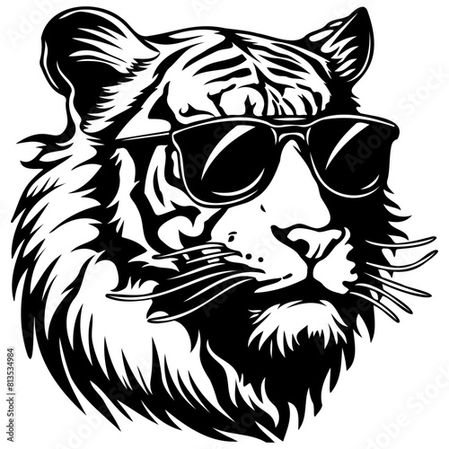 cool Tiger wearing sunglass black silhouette logo svg vector, Tiger icon illustration