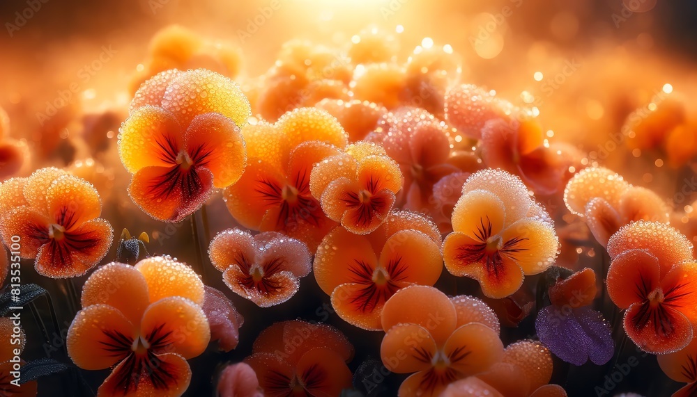 An image of Frizzle Sizzle Orange Pansy flowers covered with dewdrops An image of Frizzle Sizzle Orange Pansy flowers covered with dewdrops