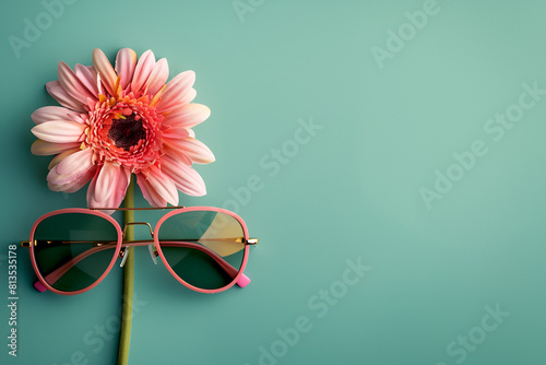 sunglasses and pink flower lay on a green background, in the style of light teal and dark orange, minimalist backgrounds, organic designs, nature-inspired pieces, dark orange and beige, innovative pa photo