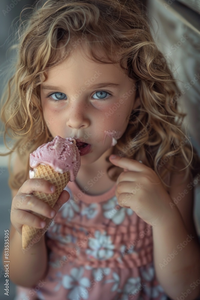 A little girl enjoying an ice cream cone, perfect for summer promotions A little girl enjoying an ice cream cone, perfect for summer promotions
