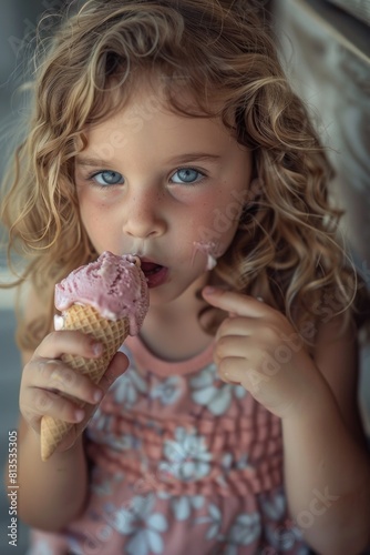 A little girl enjoying an ice cream cone  perfect for summer promotions