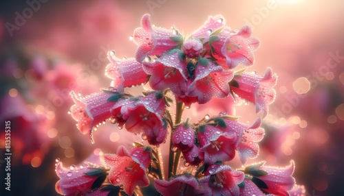 An image of pink Coral Bells flowers covered with dewdrops photo