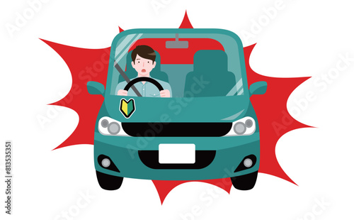 急ブレーキでびっくり驚く1人で初心者マークをつけて車を運転する男性ドライバーのイラスト_危険・事故