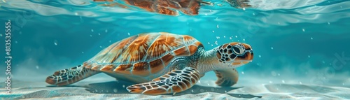 A beautiful sea turtle swims gracefully through the clear blue water.