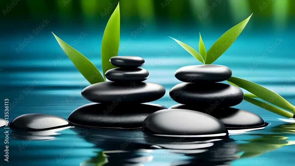 zen stones pyramid on the water surface with green leaves over it. illustration animation. zen stones pyramid on the water surface with green leaves over it. illustration animation.