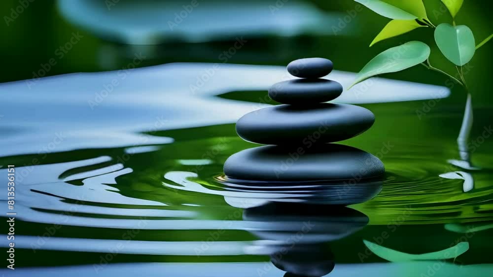 zen stones pyramid on the water surface with green leaves over it. illustration animation. zen stones pyramid on the water surface with green leaves over it. illustration animation.