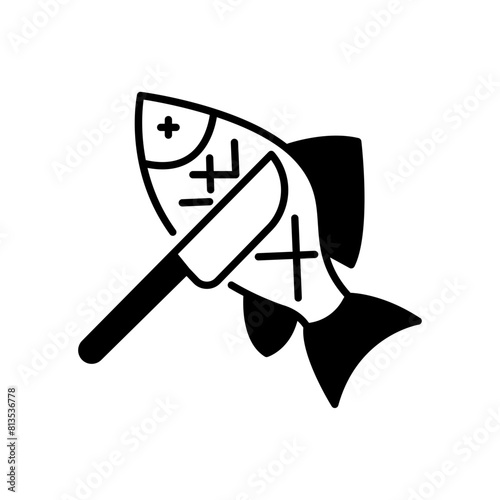 Cutting fish with knife. black fill icon