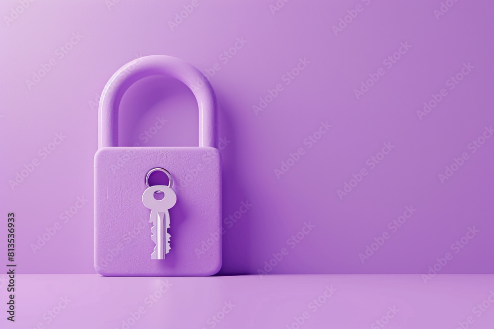 3d Padlock with key icon isolated on purple pastel background 3d Padlock with key icon isolated on purple pastel background