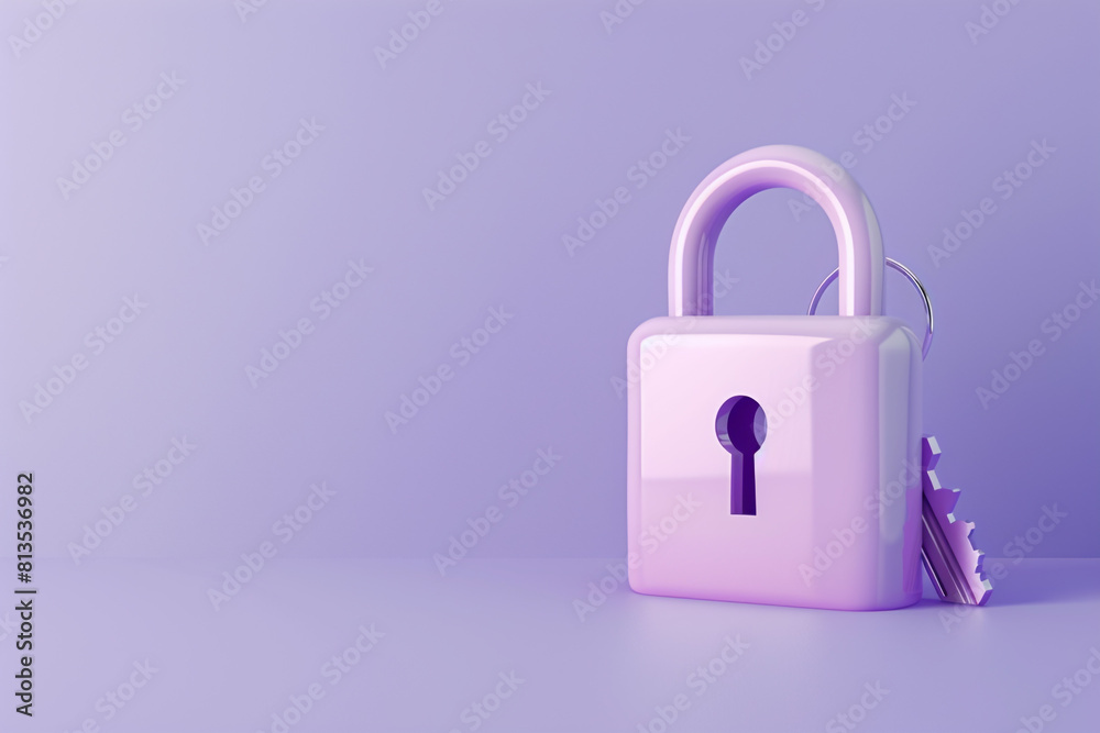 3d Padlock with key icon isolated on purple pastel background 3d Padlock with key icon isolated on purple pastel background
