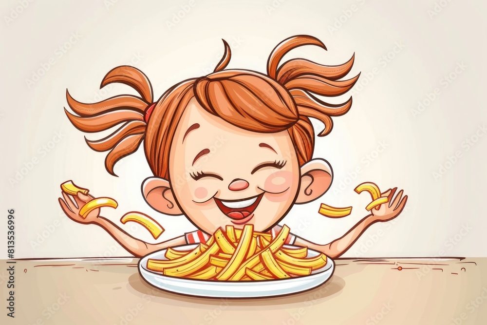 Young girl sitting at table with plate of fries. Suitable for food and children related projects Young girl sitting at table with plate of fries. Suitable for food and children related projects