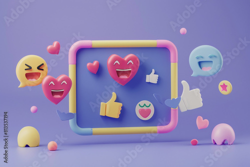 3d photo frame, emojis, chat, thumbs up and heart icon in cartoon style social media digital marketing concept illustration isolated on purple background 3d rendering