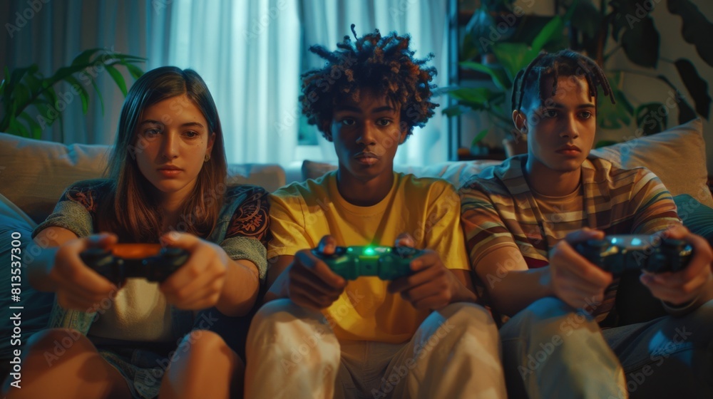 A group of people sitting on a couch holding video game controllers. Perfect for gaming or entertainment concepts A group of people sitting on a couch holding video game controllers. Perfect for gaming or entertainment concepts