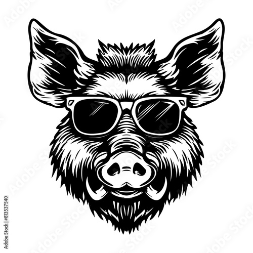 cool Wild boar wearing sunglass black silhouette logo svg vector, Wild boar icon illustration