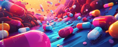 Colorful pills floating in a surreal dreamscape. photo