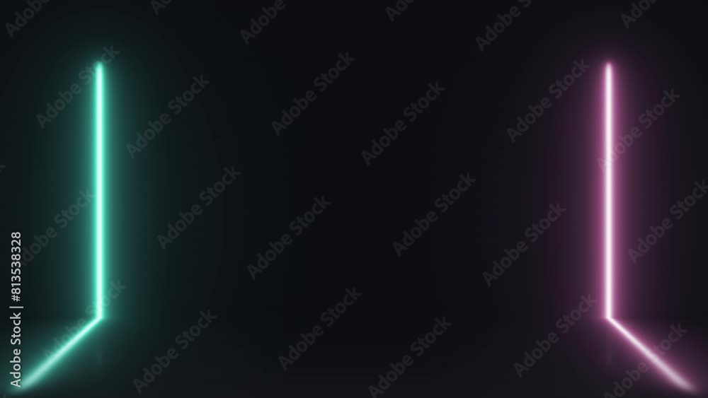 Introduction animation featuring a sleek vertical neon bar, bursting into vibrant turquoise and magenta hues, as it splits into two, with a 3D reflection creating the illusion of a portal opening up.