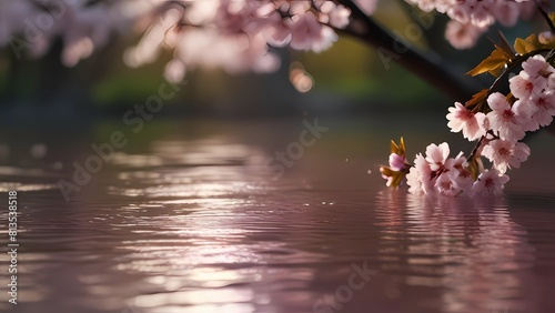 Cherry blossoms in water  A breathtaking vision of delicate petals floating on a tranquil surface.