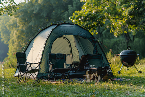 Camping outdoors with lots of sunlight. tent, camping chairs, a camping tent BBQ rack, and more.
