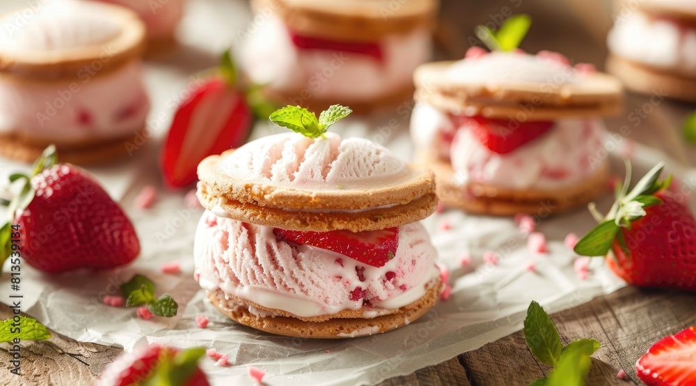 Homemade strawberry and mint ice cream sandwiches. Homemade strawberry and mint ice cream sandwiches.