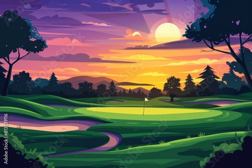 A scenic view of a golf course at sunset. Perfect for sports and leisure concepts