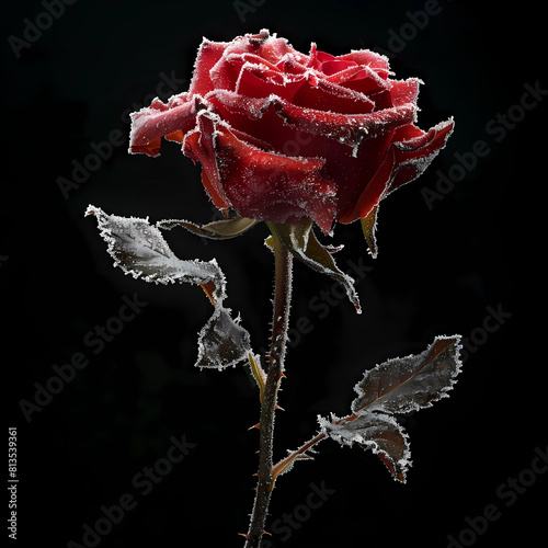 A single red rose, covered with ice crystals, against a black background, evokes a feeling of beauty, coolness, yet strength. photo