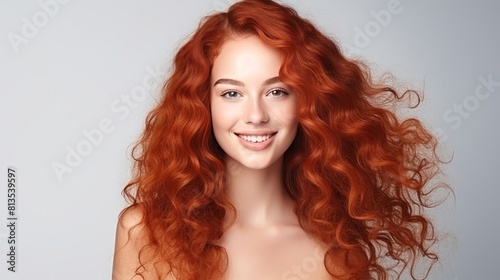 Beautiful  sexy  happy smiling dark-skinned African American woman with perfect skin and red hair  on a white background  banner.