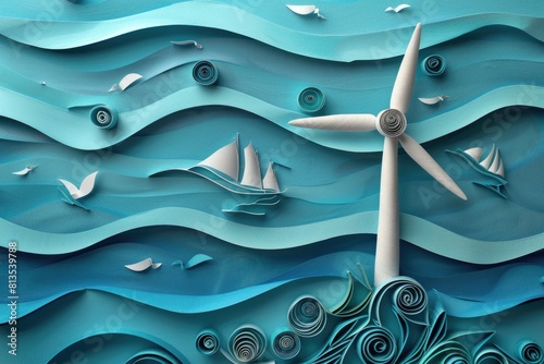 Paper sculpture of a wind turbine in the ocean. Suitable for environmental concepts
