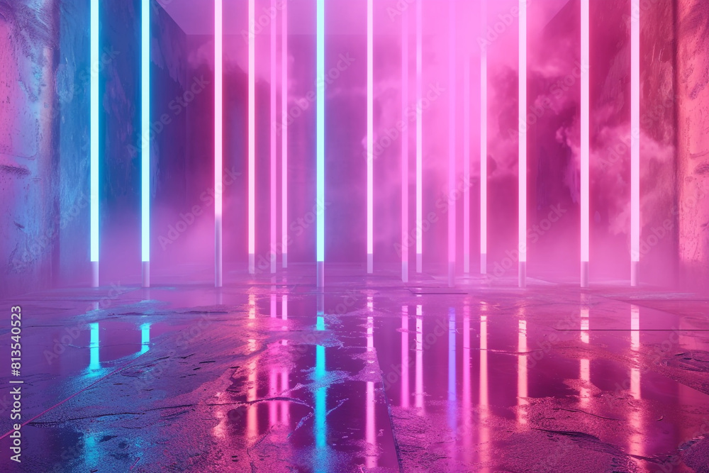 3d render, abstract neon background with pink and blue neon lines and reflection on the floor 3d render, abstract neon background with pink and blue neon lines and reflection on the floor