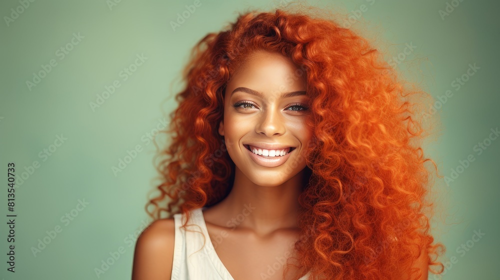 Beautiful, sexy, happy smiling dark-skinned African American woman with perfect skin and red hair, on a green background, banner.