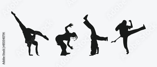Capoeira silhouettes set. Brazilian martial arts. Self-defense, fighting, dance. Different action, movement, pose. Graphic vector illustration.