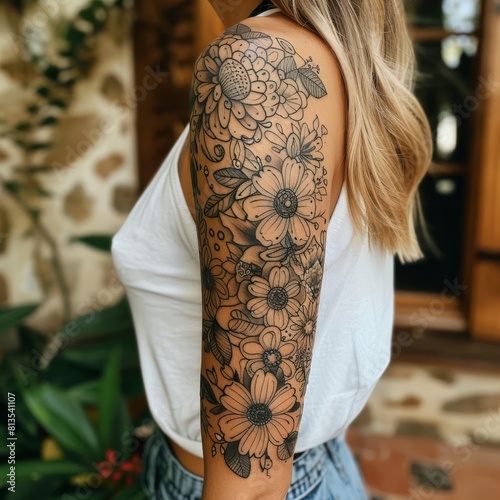 Close-up of a woman's arm, displaying an intricate sleeve tattoo with floral and geometric patterns. photo