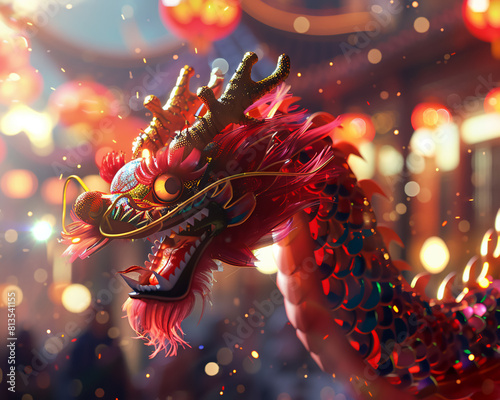 Dragon Dance, Red Dragon Costume, Festive Chinese tradition, Crowds watching in amazement, Vibrant atmosphere, 3D Render, Spotlight, Depth of Field Bokeh Effect