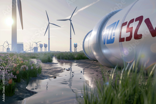 A hydrogen pipeline with wind turbines and in the background Green hydrogen production concept