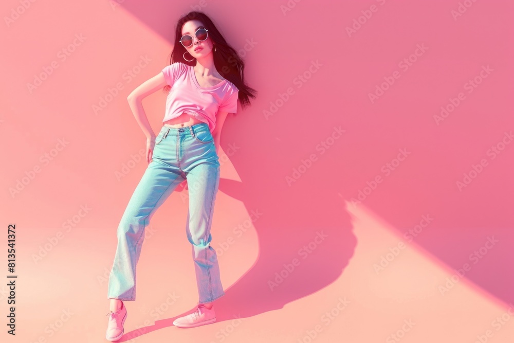A woman standing in front of a pink wall, suitable for lifestyle and fashion themes