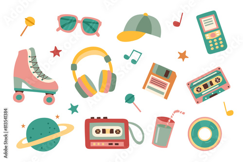 Set of elements in retro style. Concept of 90s. Stickers. Y2K elements set. 2000s, 80s retro elements set.