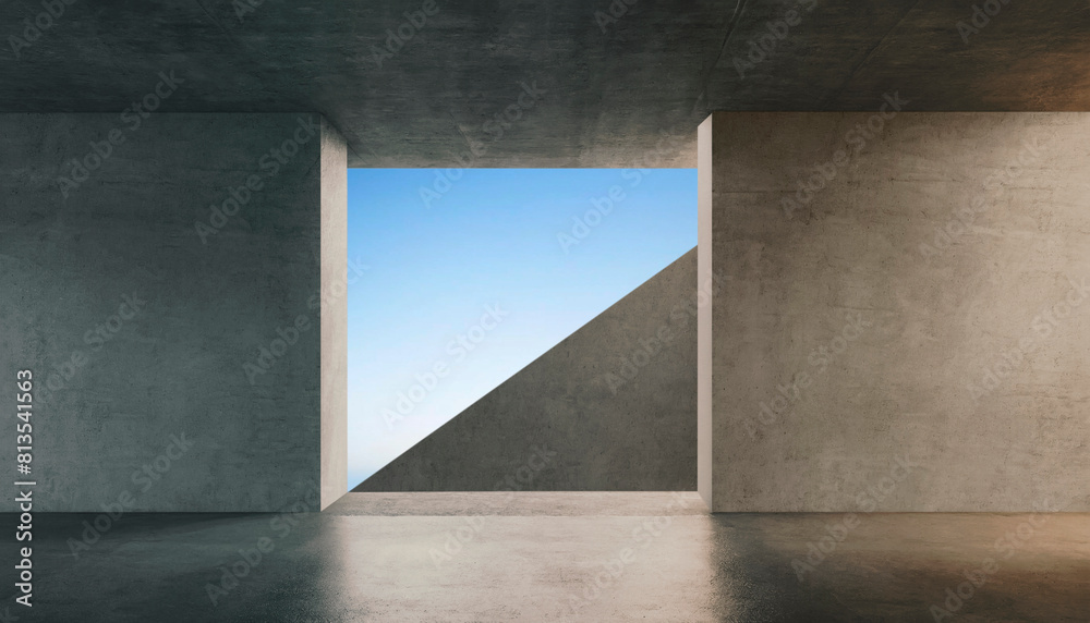 Dark room with large window, inside concrete building