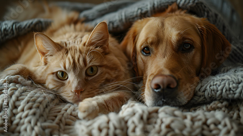 A photo featuring a charming scene of a cat and dog cuddling together, their eyes filled with adoration. Highlighting the warmth of their companionship as they share a tender embrace.