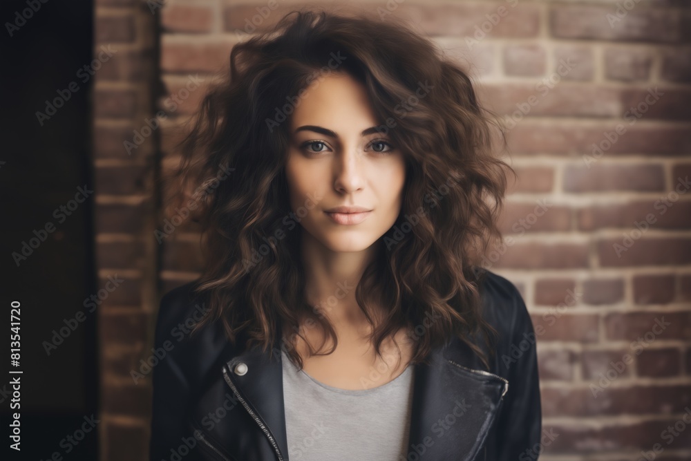 portrait of a young beautiful woman against a brick wall, modern style and fashion, lifestyle