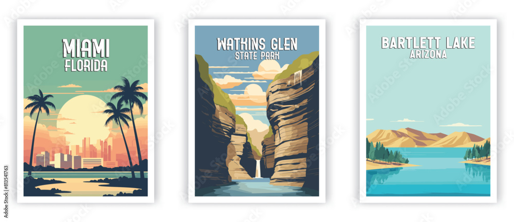 Fototapeta premium Miami, Watkins Glen, Bartlett Lake Illustration Art. Travel Poster Wall Art. Minimalist Vector art