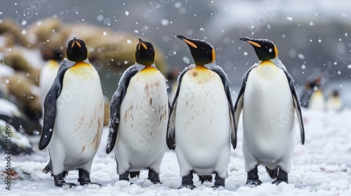 A group of penguins standing in the snow. Suitable for wildlife or winter themes