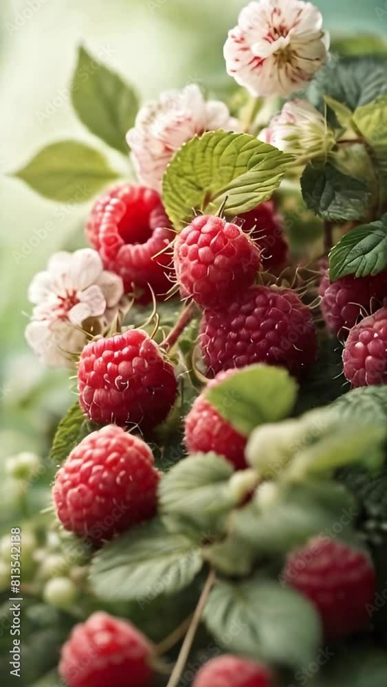 Red ripe juicy raspberry in the garden, a large sweet raspberry berry. Vertical summer food background. AI generated Red ripe juicy raspberry in the garden, a large sweet raspberry berry. Vertical summer food background. AI generated