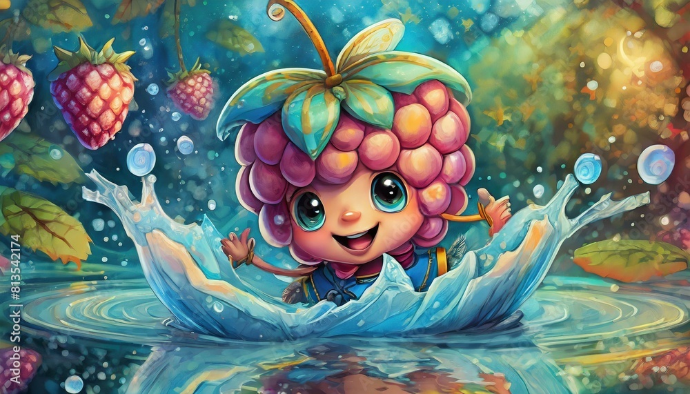 OIL PAINTING STYLE Cartoon character cute raspberry in water splash, OIL PAINTING STYLE Cartoon character cute raspberry in water splash,