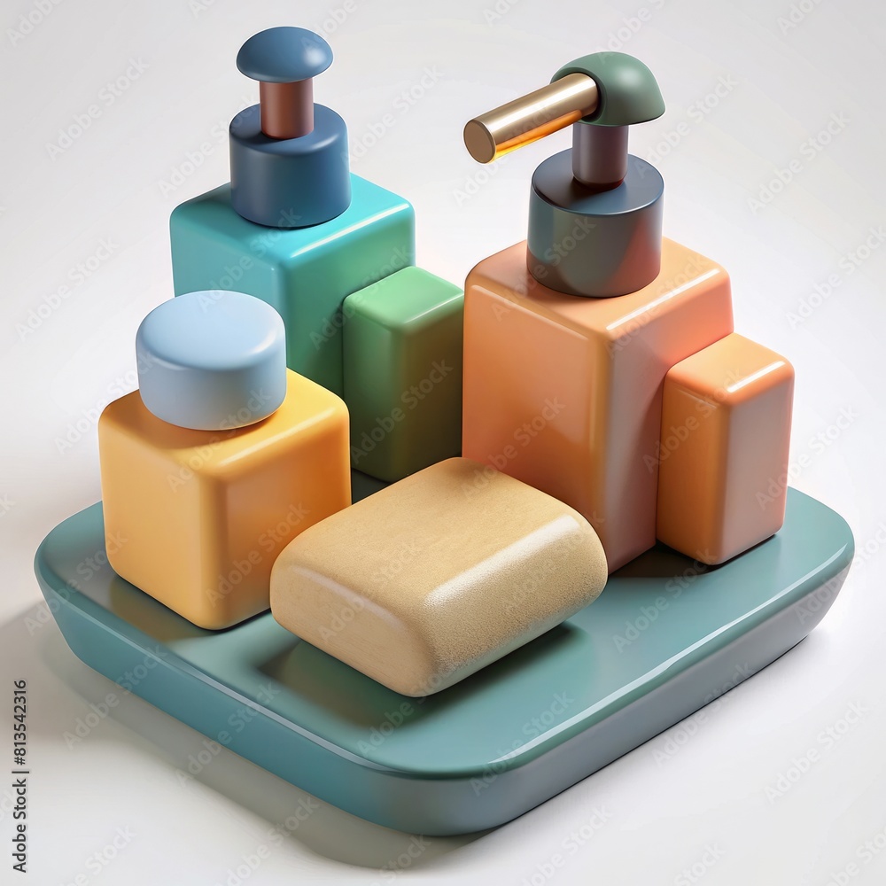 3D Render of soap bars and liquid soap dispensers, on isolated white background, Generative AI 3D Render of soap bars and liquid soap dispensers, on isolated white background, Generative AI