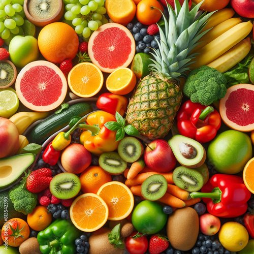 Fresh fruits and vegetables background. Healthy food concept. Top view.