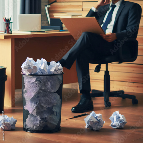 Businessman in office with crumpled paper balls in trash can photo