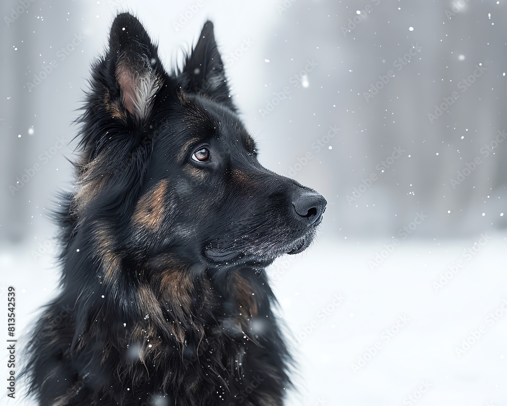 A poised German Shepherd on a white snowy backdrop, contrasting its dark fur with the pristine snow, perfect for winter-themed ads A poised German Shepherd on a white snowy backdrop, contrasting its dark fur with the pristine snow, perfect for winter-themed ads
