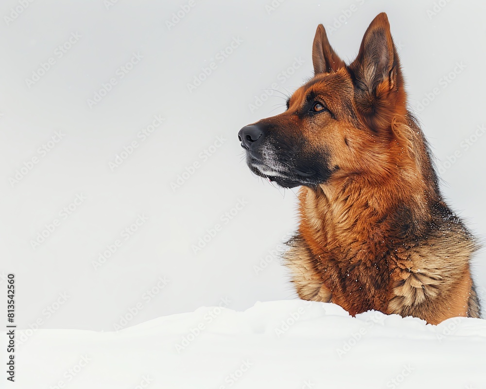 A poised German Shepherd on a white snowy backdrop, contrasting its dark fur with the pristine snow, perfect for winter-themed ads