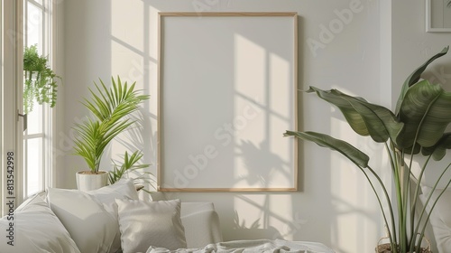 Interior of modern bedroom with mock up poster frame 