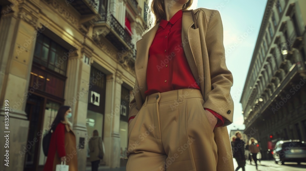 A woman wearing a red shirt and khaki pants. Suitable for fashion or casual lifestyle concepts A woman wearing a red shirt and khaki pants. Suitable for fashion or casual lifestyle concepts